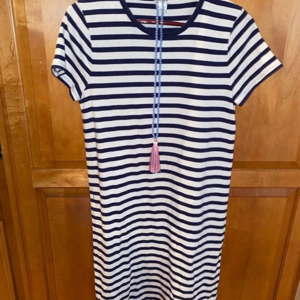J. Crew Striped Dress. Navy & White. Women’s Small. Tassel Necklace. Worn Once